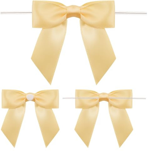 G2PLUS 50 Stück Champagner Gold Fertige Schleifen, Geschenkschleifen Selbstklebend, Satin Schleifen zum Basteln, Schleife Geschenk mit Draht für Geschenkverpackung, Basteln