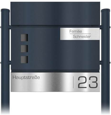 Graviers Design Briefkasten freistehend mit Standfuß in Anthrazit RAL 7016 - Sichtfenster Postkasten personalisiert Edelstahl Name Straße Hausnummer - Briefbox mit Schloss Zeitungsfach