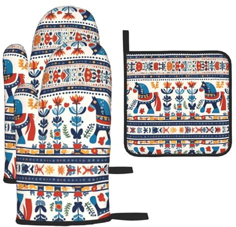 WZYWHJ Ofenhandschuhe, Topflappen, Motiv: schwedisches Dala-Pferd, 3er-Set – dicker, langlebiger und wasserdichter Stoff für Hitzeschutz