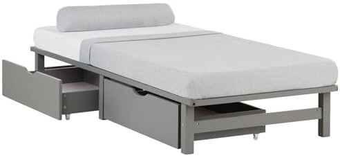 Homestyle4u Massivholzbett mit Stauraum 90x200 Palettenbett mit Matratze Bett Kiefer Grau Holzbett mit Schubladen