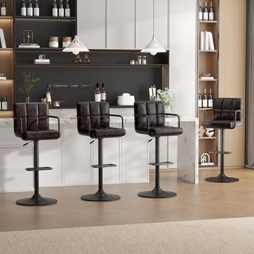Ckaff Barhocker 4er Set, Barstuhl höhenverstellbar aus PU-Leder, 360°Drehstuhl Küchenstuhl mit Armlehnen, Rückenlehne für Küche, Wohnzimmer, Esszimmer, Schwarzbraun