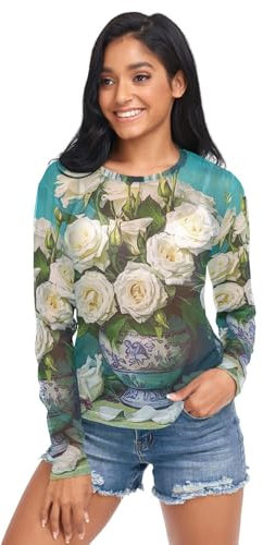 RPLIFE Beautiful Bouquet White Roses Sheer Shirts, Femmes Fancy Shirts S-XXL, Magnifique bouquet de roses blanches, XX-Large