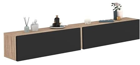 IDMarket - Lot de 2 Consoles suspendues étagères murales ELYOS 1 Porte Bois et Noir