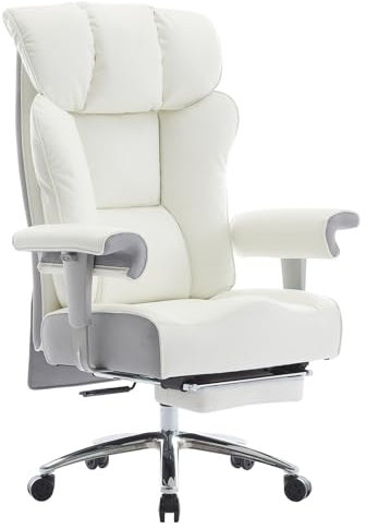 Efomao Big and Tall Office Chair 200KG with Foot Rest, High Back PU Leather Executive Chair with Adjustable Padded Armrests, Lumbar Support for Home or Work, Heavy Duty Computer Chair, White