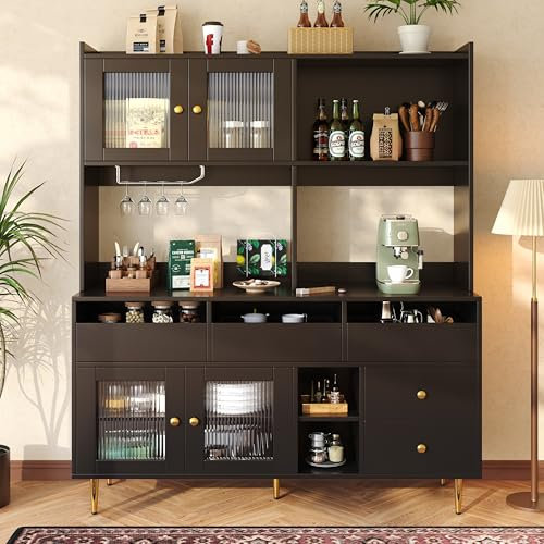Miyemo Sideboards for Living Room, Kitchen Cabinets, Sideboard Storage Cabinet with Changhong Glass Door & Wine Glass Holder, Multi-Purpose Kitchen Unit, Modern Design, Black