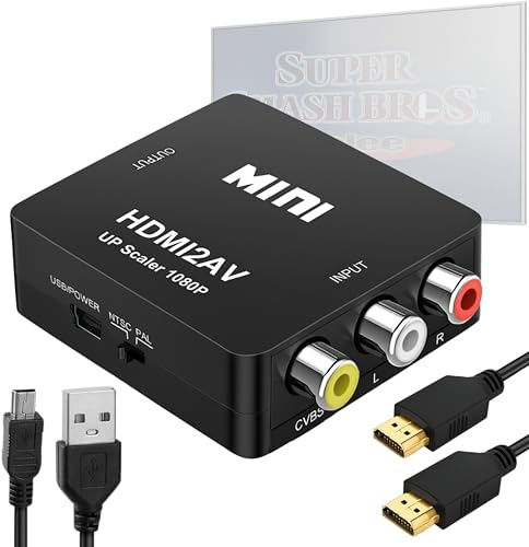 Convertisseur RCA vers HDMI, AV vers Hdmi, Kit complet Câbles RCA / HDMI inclus - 1080p Mini Adaptateur Vidéo Audio Composite, supporte PAL/NTSC, rétro gaming/PS1/PS2/Xbox/VHS/GameCube/Wii Plug & Play