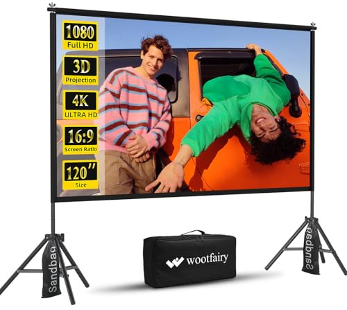 Wootfairy 120 inch Projector Screen with Stand and Carry Bag | Portable Foldable Indoor Outdoor Projection Screen 16:9 4K HD Rear Front Wrinkle-Free Movie Screen for Home Theater Backyard