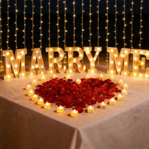2031 Pcs Marry Me Light Up Letters Proposal Decorations, Marry Me Sign with 24 Pcs Heart Flameless Candles and 2000 Pcs Fake Rose Petals for Wedding Proposal Romantic Night and Valentine's Day Decor