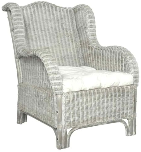 Yisssmeng Grauer Rattan Sessel mit Cremeweißem Kissen 86,5 x 66 x 89 cm Modernes Lounge Möbel aus Natürlichem Rattan und Leinen Fürs Wohnzimmer Lesesessel Relaxecke oder Balkon
