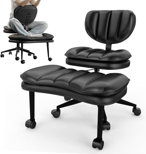 HOMRELEXA Bürostuhl mit Kreuzbeinen, 360° drehbar, Ergonomischer Kniestuhl | Criss Cross Schreibtischstuhl mit Verstellbarer Höhe, ADHS-Meditationsstuhl mit Rückenstütze, Cloud PU-Leder, Schwarz