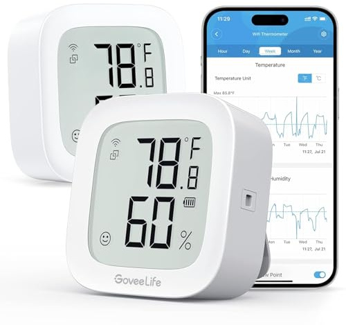 GoveeLife WLAN Thermo-Hygrometer Innen, Luftfeuchtigkeitsmesser 2 Stück | mit Taupunkt/VPD, App Benachrichtigungs Alarm, Datenspeicherung, Fernkontrolle Geeignet für Schlafzimmer, Weinkeller