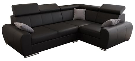 O-Sofa Ecksofa Apollo KN08, Eckcouch in L-Form mit Schlaffunktion, Farbe: Schwarz, Kunstleder, Ottomane Rechts