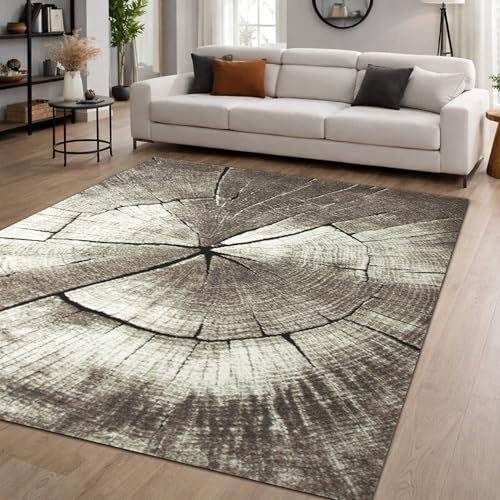 Teppich-Traum Moderner Teppich Baumring-Optik Beige Grau 140x200 cm | Weich und pflegeleicht, robust, formstabil, allergikerfreundlich, für Fußbodenheizung und Saugroboter geeignet