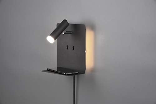 lightling LED Wandleuchte Nachttischlampe Kian mit Lese Spot und Ablage für Handy (inkl. USB Anschluss zum Aufladen) in schwarz metall, 16 x 20 x 14 cm