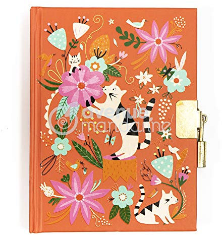 Avenue Mandarine CO206C – Un diario íntimo 240 páginas a rayas, 11 x 14 cm, con cierre de candado, gatos y flores