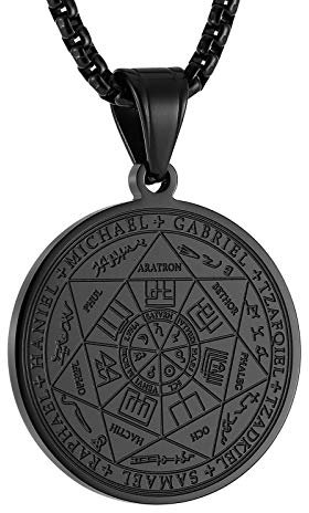 HZMAN Vintage Edelstahl Das Siegel der sieben Erzengel Anhänger Halskette Schmuck Geschenk 22+2“ Kette (Schwarz)