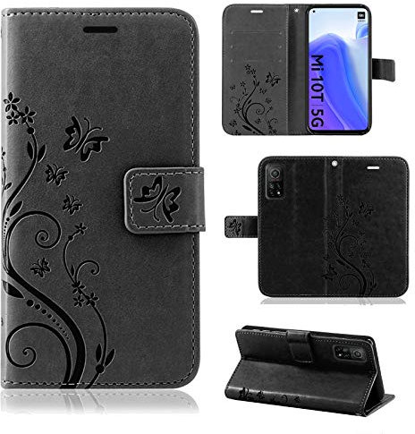betterfon Hülle Kompatibel mit Xiaomi Mi 10T / 10T Pro | Premium PU Leder Handyhülle Wallet Case für Mi 10T / 10T Pro | Schutzhülle Blumen Klapphülle Handyhülle | Schwarz