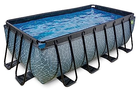 EXIT Toys Stone Pool - 400x200x122cm - Großer, Rechteckiger Rahmenpool mit Sandfilterpumpe - Extra tiefer Pool - Starker Rahmen - Inklusive Poolleiter - Einzigartiges Design - Grau