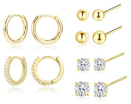 ALEXCRAFT Ohrringe Gold, Creolen Kleine Ohrstecker Ohrringe Gold Set, 6Paar 14K Vergoldete 925 Silber Ohrstecker mit Zirkonia, Huggies Schlafen Piercing Kreolen Creolen Gold Ohrringe für Damen Frauen