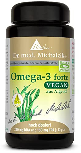 Omega-3 forte Vegan Dr. med. Michalzik - Tagesdosis | Omega 3 Algenöl (Mikroalge Schizochytrium) [1140mg] | DHA [780mg] | EPA [300mg] | ohne Zusatzstoffe - von BIOTIKON®