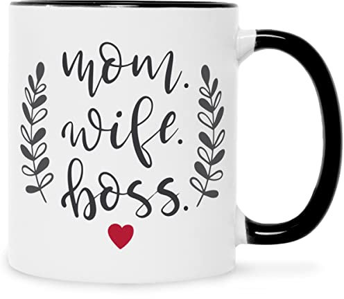 Bedruckte Tasse mit Spruch - Mom. Wife. Boss - Lustige Geschenke für Mama Ehefrau - Geschenk für die beste Mama zum Geburtstag Muttertag Weihnachten - Farbe Schwarz & Weiß