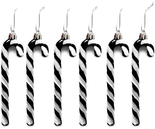 Festive Fix 6-Pack Unique Black Glitter Candy Cane Christmas Decorations – Premium Plastic Candy Ornaments with Hanging Thread, Sparkling Holiday Decor for Parties & Festive Home Display