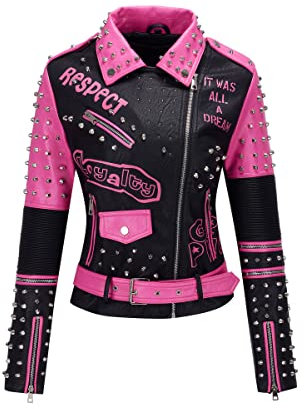 Giolshon Femmes Similicuir Veste Clous Rivets Floral Moto Court Revers Blousons 0376 Rose M