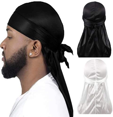 CINY Silky Satin Durag, Atmungsaktive Soft Durag mit Langem Schwanz Beanies Mütze Unisex Für Männer Und Frauen Bandana Seide Schlafmütze Piratenhut Motorhaube Träger Kopfwickel (1 schwarz 1 weiß)