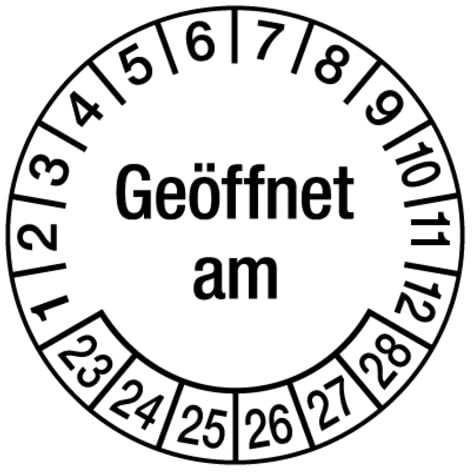 100 Stück – Prüfplakette „Geöffnet am | 23-28“ Etikett Folie Aufkleber, s/w | Ø15-40mm Made in Germany, Größe: Ø20 mm