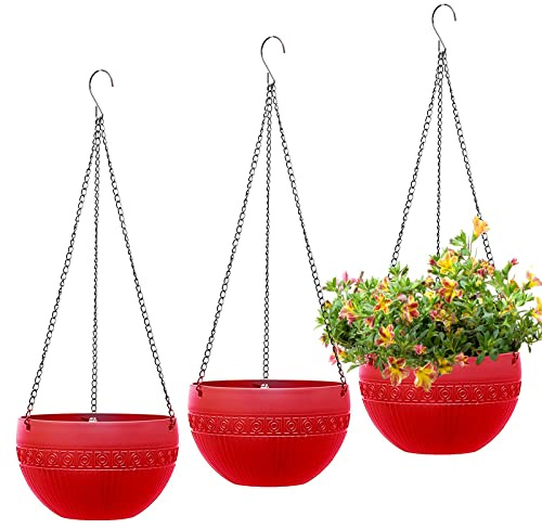 Moollyfox 3 Stück Blumenampel Außen, Ø 17cm Selbstbewässerung Blumentopf Hängend, Hängeampeln Kunststoff für Draußen, Hängeblumentöpfe mit Rostfrei Ketten, Hängeampeln für Innen Außen Decken Pflanzen