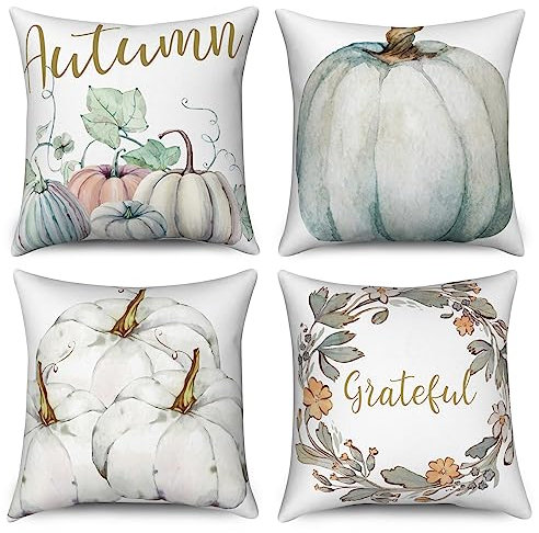 Hnmdmyi Kissenbezug Herbst 45x45 4er Set, Herbst Kürbis Bauernhaus Dankbar Thanksgiving Ernte Dekorative Kissenbezüge Leinen Kissenhülle für Sofa Couch Bett Garten Outdoor Home Decor