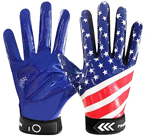 FINGER TEN Football Receiver Gloves Youth Receiving Gloves Pro 3.0 Durable Breathable Flexible for Kids Boys Girls in White Red Black Blue Small Medium X-Large (USA Flag, X-Large)