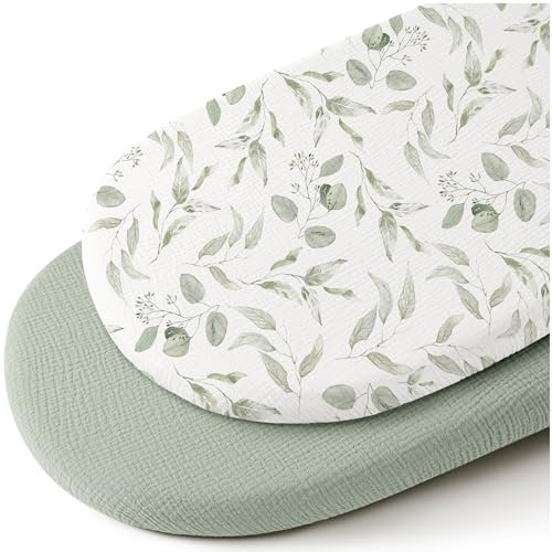 Konssy 2 Stück Musselin-Spannbettlaken für Babys und Jungen, weich, atmungsaktiv, für Baby-Stubenwagen, Wiege, Babykörbchen, ovale rechteckige Polster/Matratze (Grün, Aquarell)