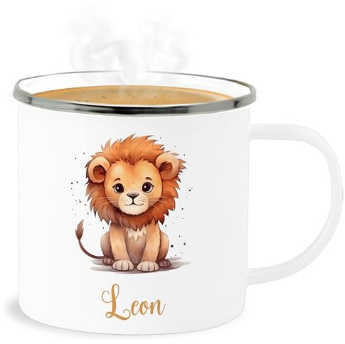 Emaille Becher Blechbecher - Süßer Löwe mit Name personalisiert I Löwen Geschenk I Zootiere I König der Tiere I Leu - 300 ml - Weiß Silber - löwenmotiv leon tasse tier personalisierte tassen