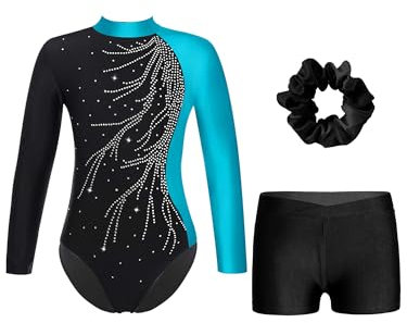 Alvivi Mädchen Turnanzug Glitzer Gymnastikanzug mit Kurze Hose Haarband Langarm Gymnastikbody Turntrikot Gymnastik Kleidung Tanzkostüm See Blau&Schwarz 146-152
