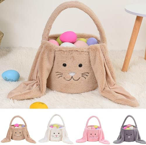 Plüsch Osterhasen Korb,Osterkorb Mit Langen Hasenohren,Osternester zum Befüllen,Niedliche Osterhasen Tasche,Häschen-Ostereimer,Tragbaren Osterhasenkorb Geschenk Korb,Ostern Party Geschenk (Braun)