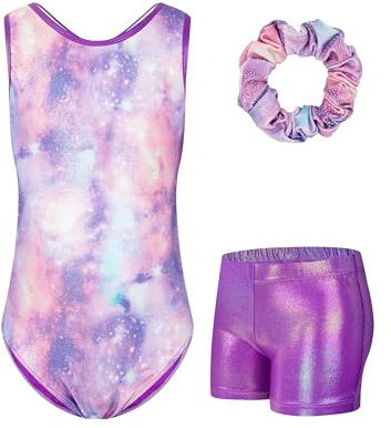 JiAmy Turnanzug Mädchen, Gymnastikanzug Kinder mit Hose Haarband Set, Glänzendes Gymnastik Turnanzug Leotard für 11-12 Jahre