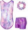 JiAmy Turnanzug Mädchen, Gymnastikanzug Kinder mit Hose Haarband Set, Glänzendes Gymnastik Turnanzug Leotard für 11-12 Jahre