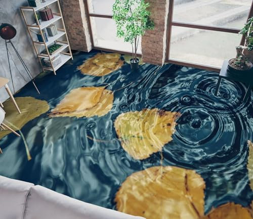 Autocollant De Sol Étanche Eau de feuille 3D, 150 * 105 cm Sol Papier Peint Peintures Murales Auto-Adhésif Amovible Cuisine Bain Sol Étanche Tapis Tapis Impression Époxy