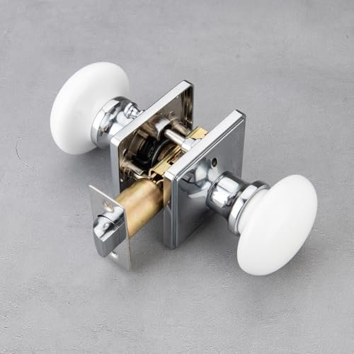 NCL White Door Knobs, Door Knob Interior, Porcelain Square Door Levers, Bright Chrome Privacy Door Handles, Door Locks for Bedroom and Bathroom