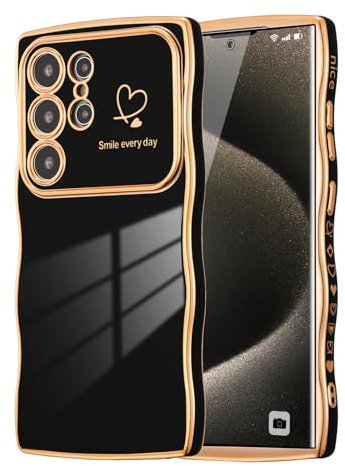 DEFBSC Case for Samsung Galaxy S22 Ultra, Curly Wave Shape Plating Frame Cute Love Heart Cover for Girls Women, Full Camera Lens Protection Soft Durable TPU Shockproof Case - Black