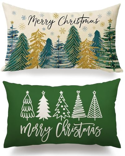 Giggleye 2 Stück Weihnachten Kissenbezug, 30x50 cm Weihnachtsbaum Leinen Kissenhüllen, Weihnachtskissenbezug, Zierkissenbezüge Weihnachten Deko für Sofa Schlafzimmer Wohnzimmer Couch (Grün)
