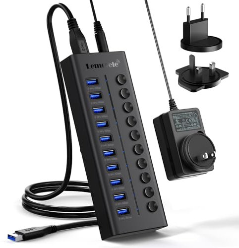 Lemorele Hub USB 3.0-10 en 1, 10 Puertos USB 3.0, Adaptador de Múltiples Puertos USB para PC, Equipado con Interruptores Independientes y Luces LED, Incluye Adaptador de Corriente de 12V 2A