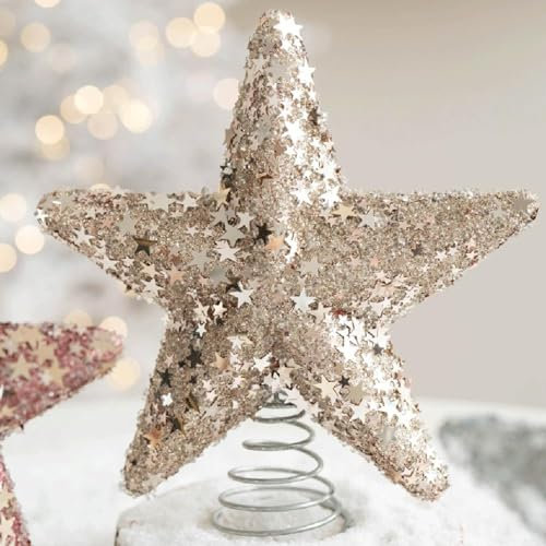 Puupaa Puntale a stella per albero di Natale, 17 cm, con paillettes glitterate, decorazione per albero di Natale, decorazione per interni (champagne)