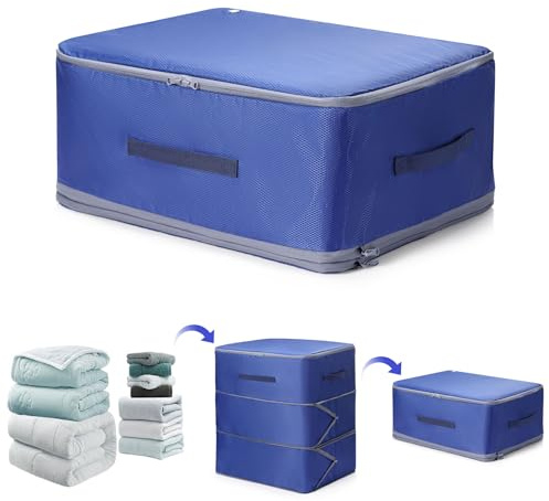 Platzsparender Organizer, Aufbewahrungstasche,kleidung aufbewahrung Bettdecken, kleideraufbewahrung Groß, unterbettkommode storage bag für Bettdecken, Bettwäsche,Kleidung Decken-Blau
