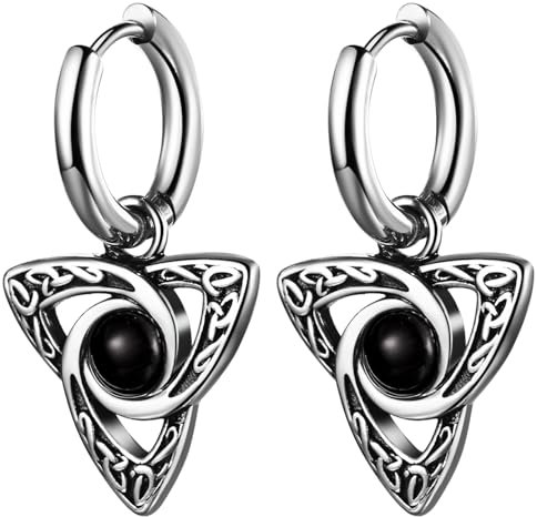 JewelryWe Keltische Knoten Creolen Ohrringe: Silber Edelstahl Huggie Creolen mit Baumeln Irisch Triquetra Trinity Keltischen Knoten & Schwarz Perlen Tropfen Ohrringe Gothic Ohrschmuck für Damen Männer
