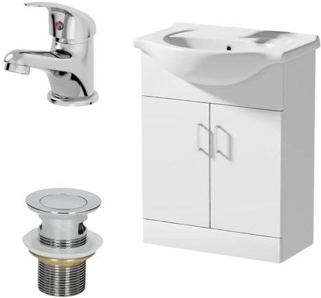 Affine® 650mm Bathroom Vanity Unit Ceramic Sink Floorstanding Storage Cabinet Cupboard & Essentials Basin Tap & Waste Set, White Gloss