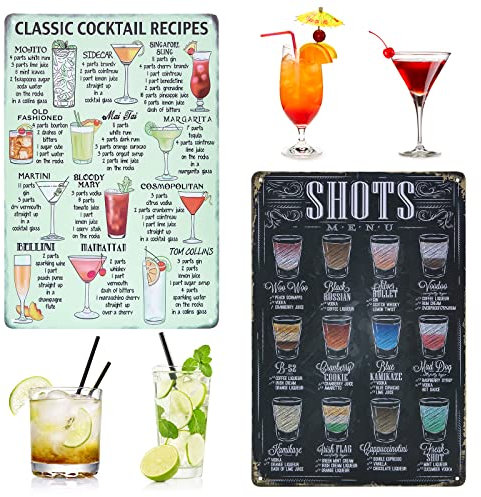 Cartel de Chapa Vintage de Recetas de Cóctel, 2 Pcs Póster Placa Metálica Vintage Letrero Decoración Clásica, Menús de Cócteles y Shots para Cafe Bar Restaurante Pub Cocina, Cerveza (20x30cm)