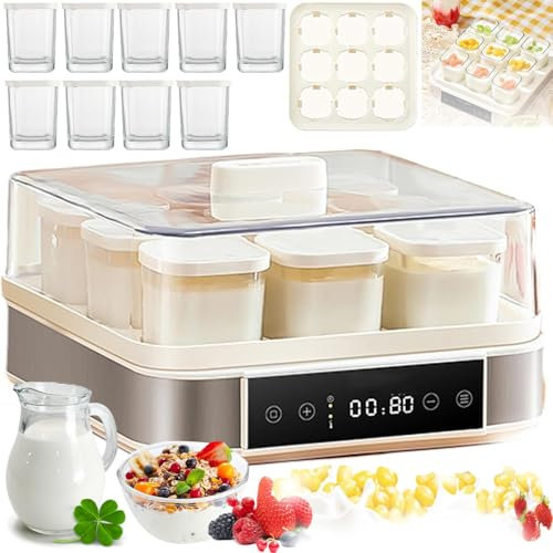Yogurtera automática, máquina de Yogur Griego con Temperatura y Temporizador, 9 tarros de Vidrio de 170 ml, máquina de fermentación de Acero Inoxidable de 40 W, para Yogur Griego, Pan, natto
