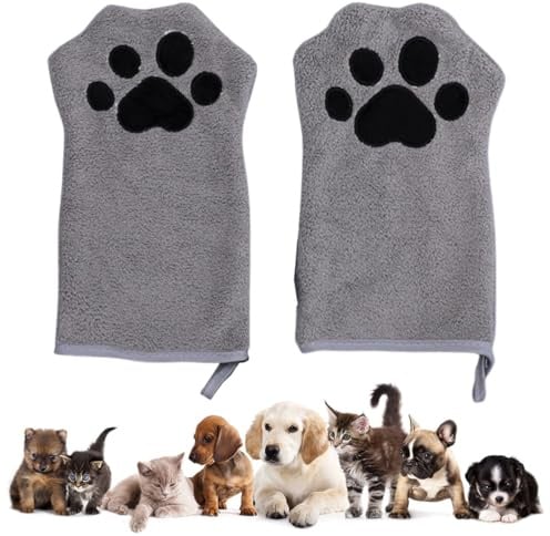 WeddHuis 2 Pcs Guanti per la Pulizia di Animali Domestici Asciugamano in Microfibra Assorbente Morbido e Durevole per Cani, Gatti e Altri Piccoli Animali (Grigio)